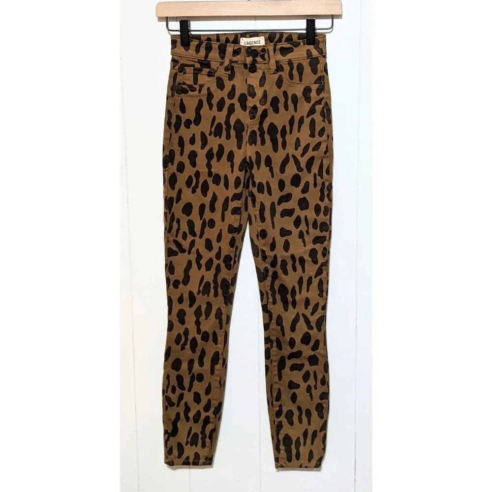 L'Agence Jeans Womens 23 Brown Margot High Rise Skinny Spotted Animal Denim - Picture 6 of 6